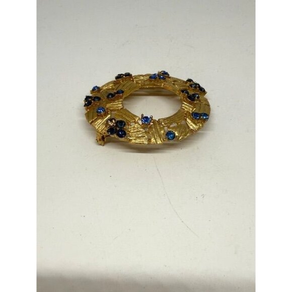 Vintage Unsigned Gold Tone Blue Rhinestone Round Brooch - Picture 4 of 6